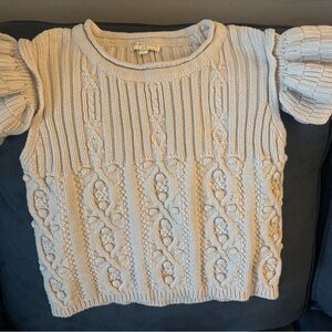 Girl's Cream Short Sleeve Sweater with Puff Sleeves